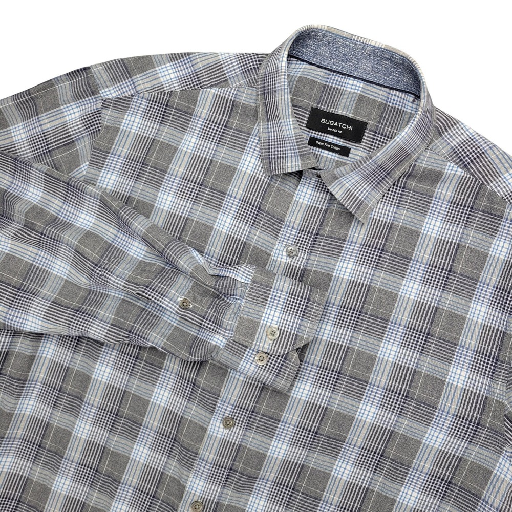 BUGATCHI Dress Shirt Mens Large Gray Plaid Slim Fit Cotton Long Sleeve
